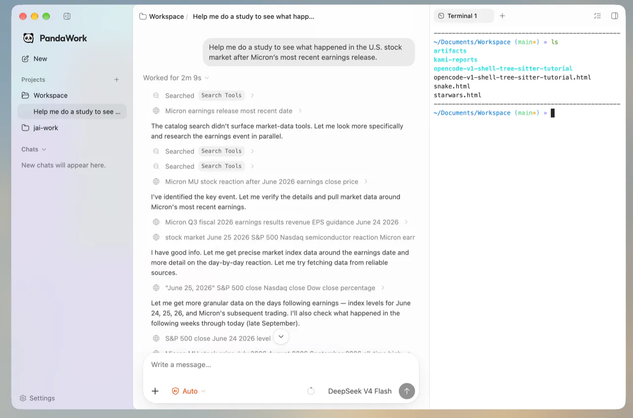 PandaWork desktop app with a conversation-first workspace
